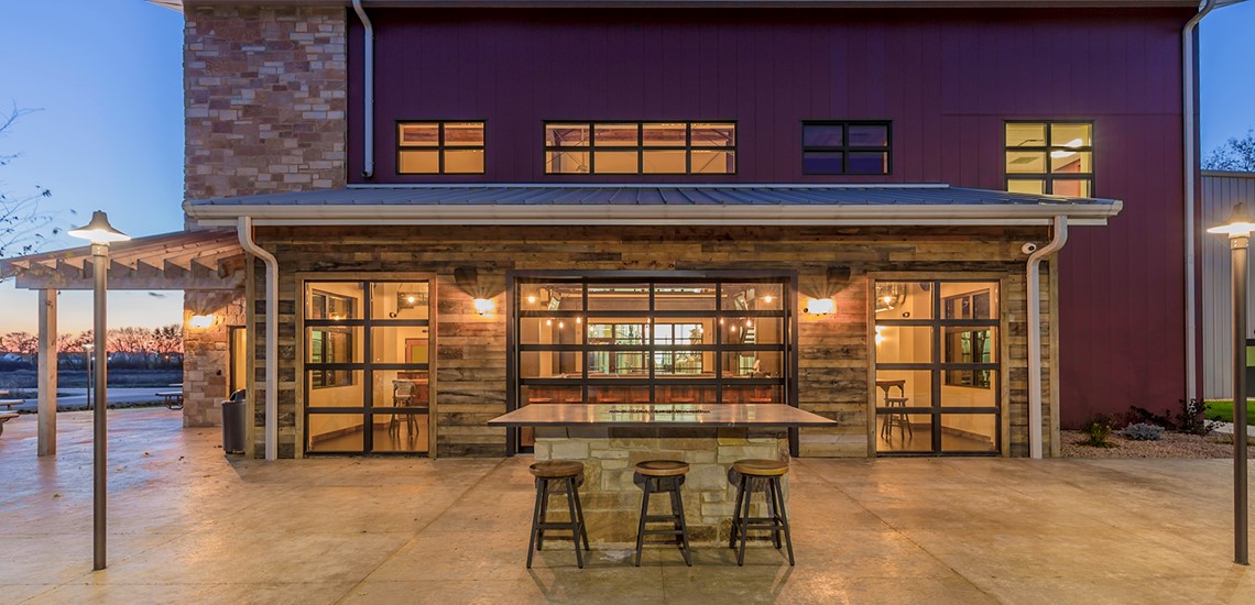 Patio and Fireplace at Dancing Goat Distillery