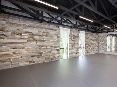 Reclaimed Wood Wall in Dance Studio at Move Out Loud
